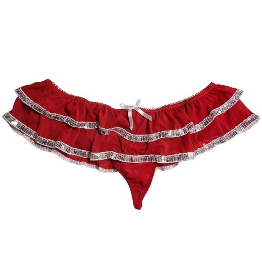 Red Ruffled Sequin Womens Panties XL Thong‎ White Bow Bells